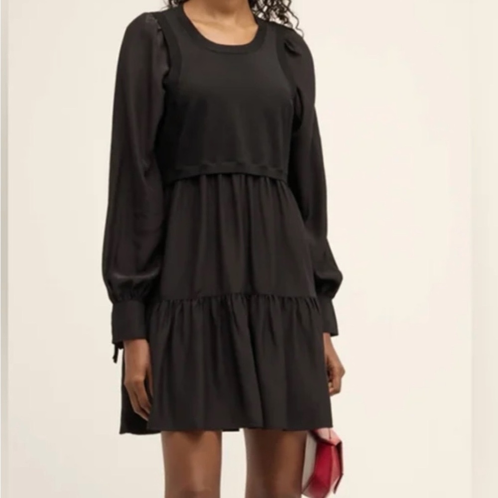 cinq à sept Silk Black Tiered Long-Sleeve Mini Dress